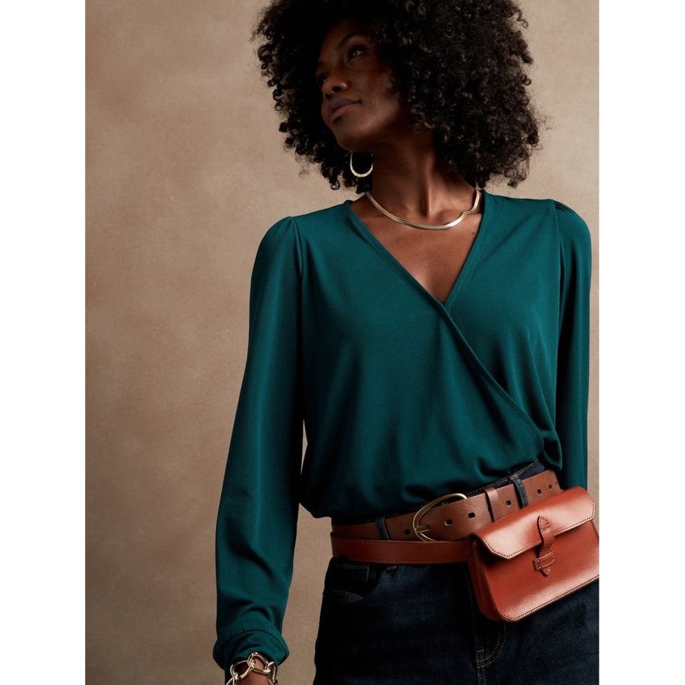 Banana Republic Teal Green Crepe Wrap Top Long Puff Sleeve V-Neck Blouse Small